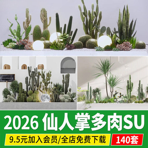 仙人掌仙人球热带沙漠多肉植物露台造景花坛盆栽草图大师su模型