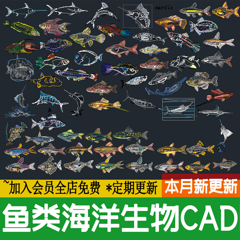 鱼类海洋生物施工图元素图库 集龙虾鲨鱼鲸鱼乌龟螃蟹海螺CAD图块,商务/设计服务,设计素材/源文件,淘宝优惠券,粉丝福利购,淘宝优惠卷
