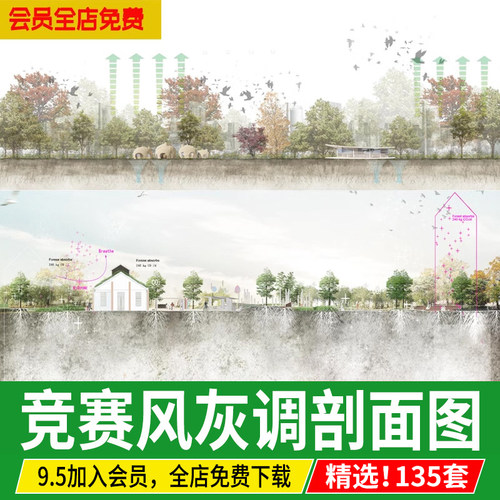 建筑园林景观国际竞赛风小清新设计剖面图立面图psd源文件素材ps