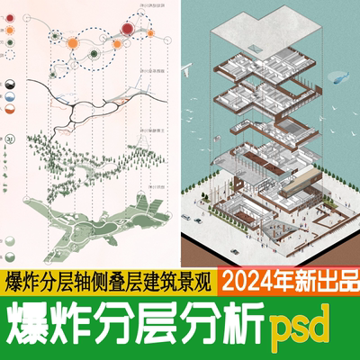 爆炸分层轴侧叠层分析图建筑景观空间竞赛风插画风PSD分层ps展板