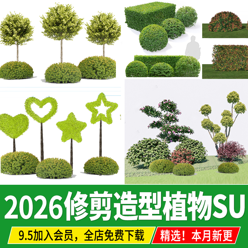 棒棒糖多头造型植物树木组合修剪亮晶女贞灌木球形绿篱庭院su模型