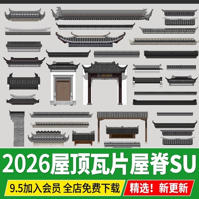 中式建筑 屋檐瓦片SU模型 飞檐屋脊门头民居屋顶古建构件草图大师