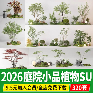 庭院小品植物组合景观树植物堆石头微地形苔藓造景草图大师SU模型