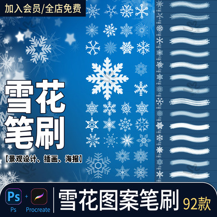冬季雪花procreate画笔绘画下雪梦幻冰晶图案设计效果特效ps笔刷
