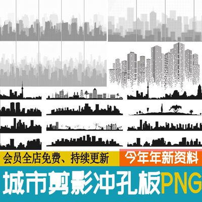 城市剪影穿孔板金属板冲孔板 国内黑白彩色 png免抠素材贴图