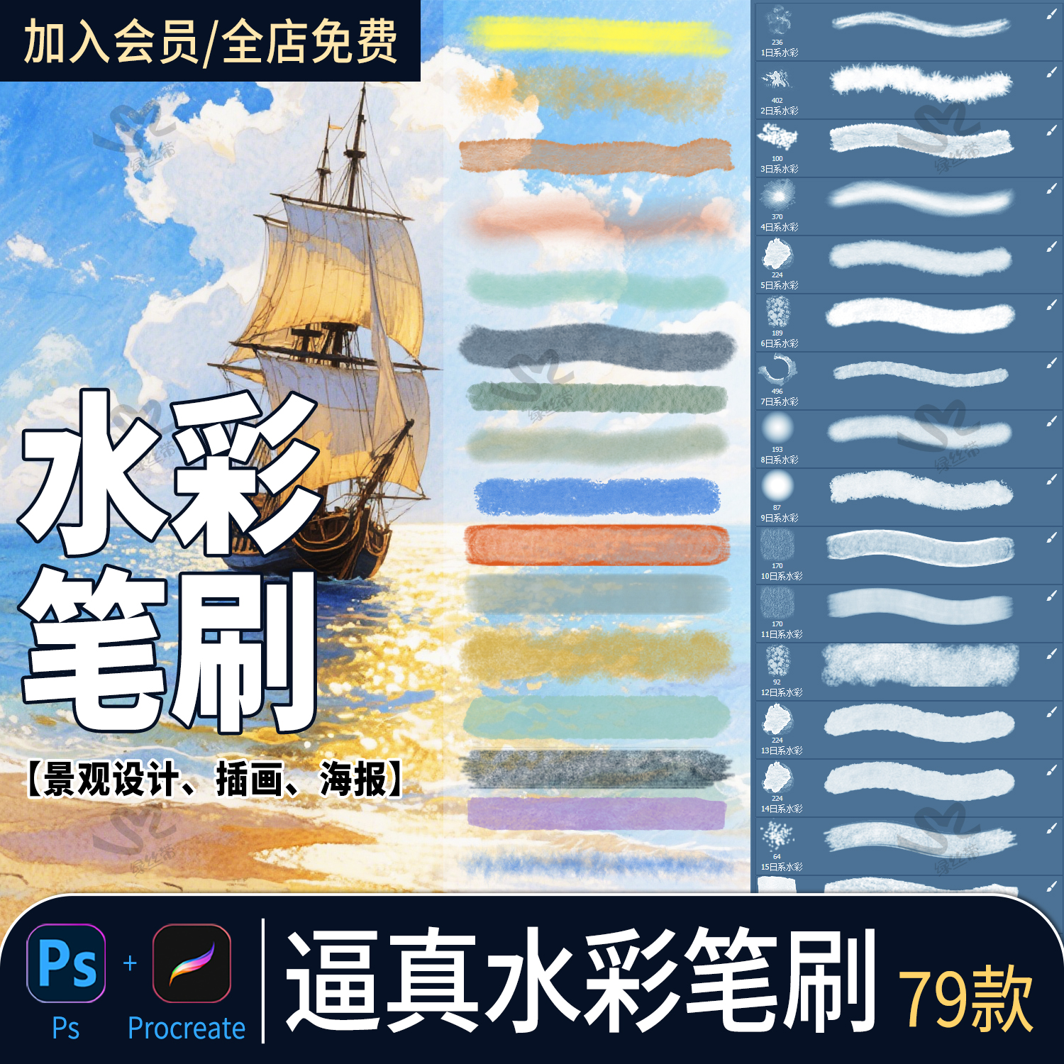 日系水彩勾线古韵水墨颜料晕染肌理底纹procreate绘画笔刷ps笔刷