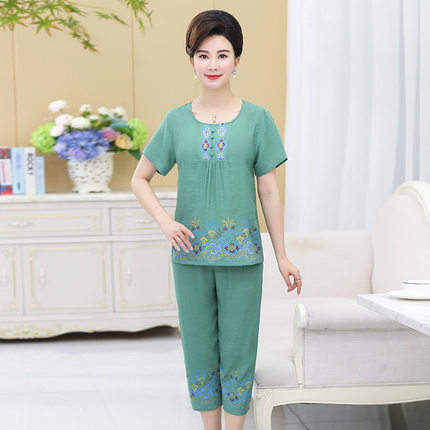 中老年女装夏装棉麻棉绸短袖七分裤妈妈两件套装大码宽松家居服