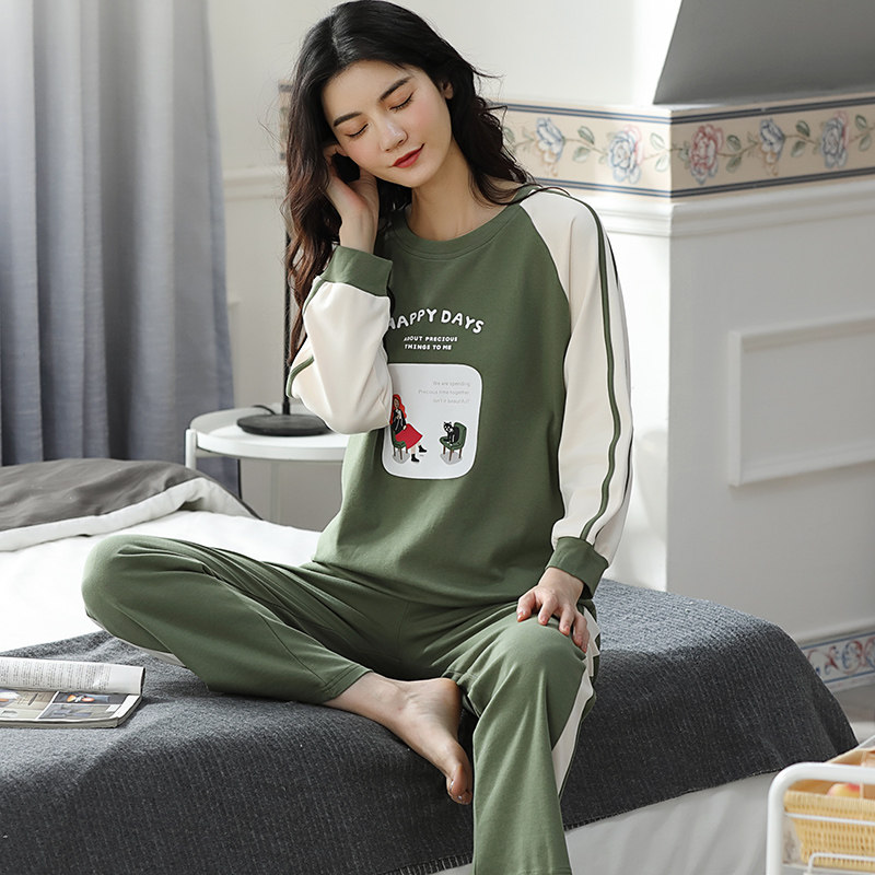 睡衣女长袖纯棉春秋季加大码宽松薄款夏季家居服套装可外穿春秋款