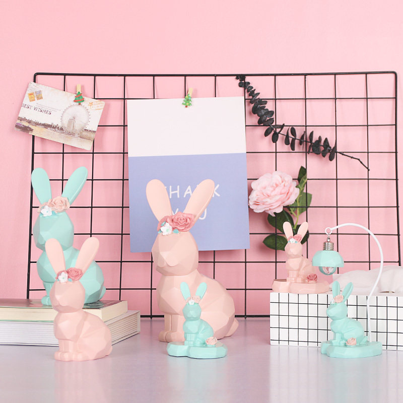 粉色家居装饰 公主房摆件ins几何兔子创意礼物少女装饰房的小饰品