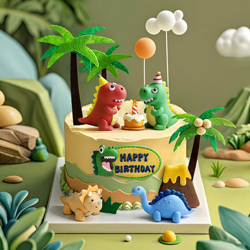 原创蛋糕装饰火山椰子树三角龙暴龙探险家棕榈树男孩恐龙生日插件