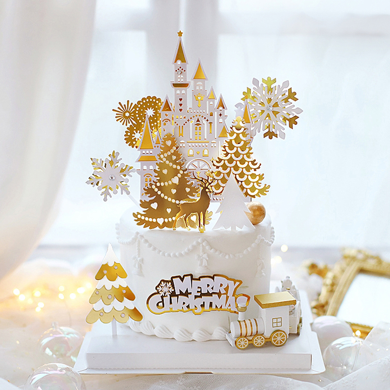 圣诞节蛋糕装饰白金城堡麋鹿