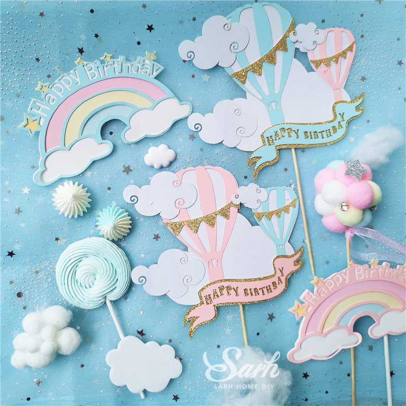 烘焙蛋糕装饰双层彩虹云朵热气球星星女孩蛋糕插牌插件摆件装扮