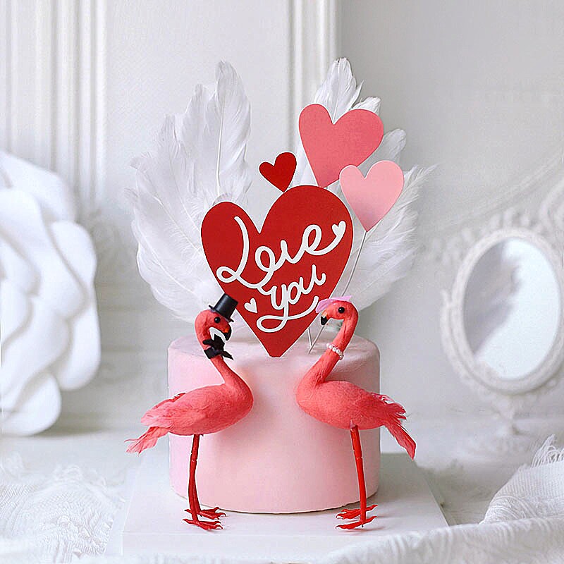 七夕情人节烘焙蛋糕装饰 loveyou大小爱心情侣火烈鸟甜品装饰摆件