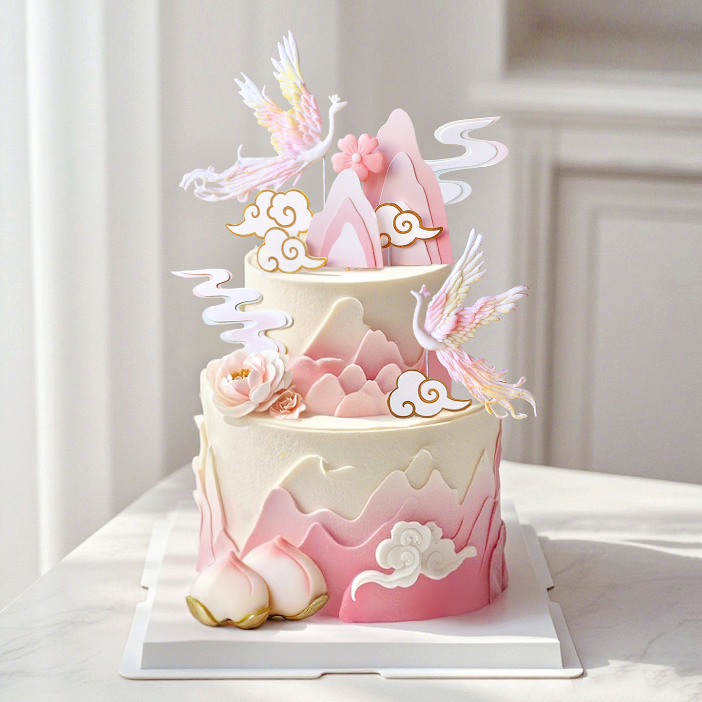 山水古风新中式仙鹤祥云凤凰妈妈生日插件奶奶祝寿新婚双喜