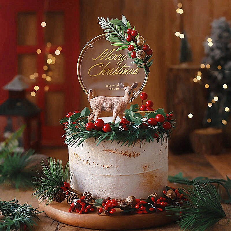 圣诞节蛋糕装饰甜品原创森系铁艺花朵亚克力蛋糕插件松果草环麋鹿