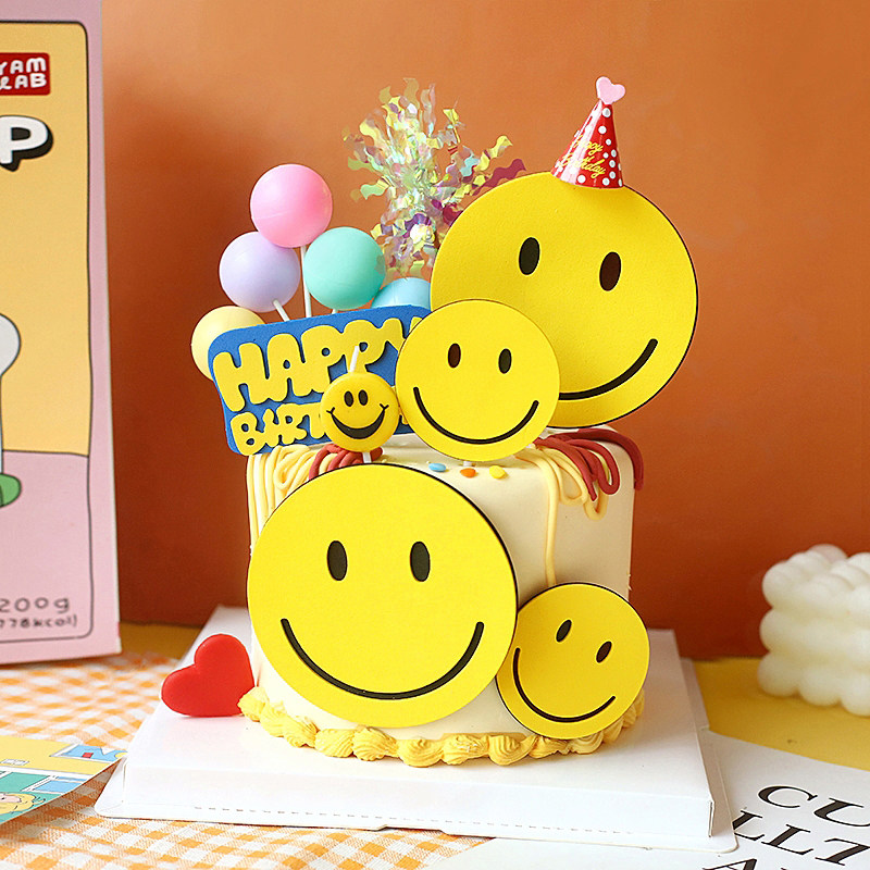 网红笑脸蛋糕装饰 卡通ins五彩气球emoji表情eva生日甜品台插牌