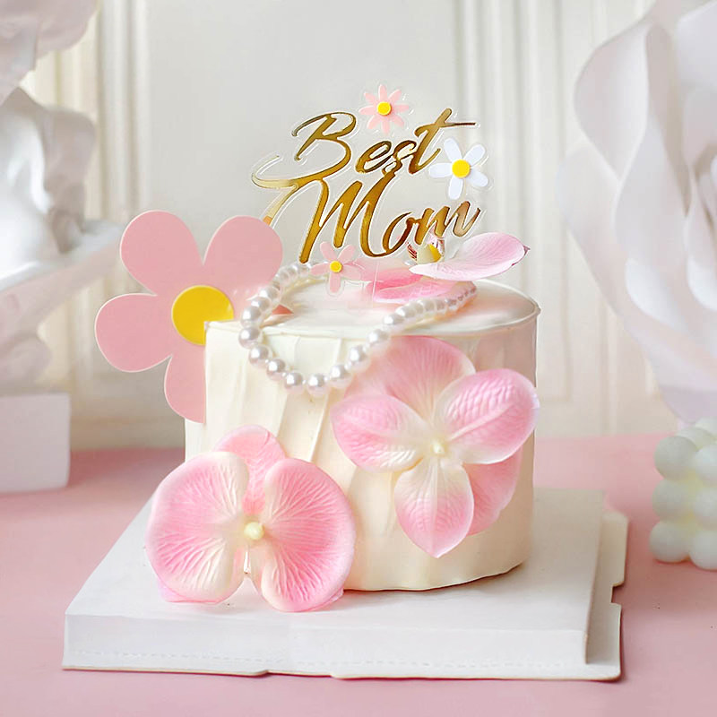 母亲节蛋糕装饰 小清新粉色花朵亚克力best mom 插卡节日甜品装扮