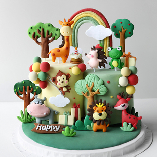 儿童蛋糕装 饰森林树木小动物老虎狮子长颈鹿河马蛋糕插件宝宝生日