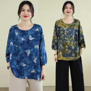 女秋夏七分袖 新中式 宽松遮肚圆领印花棉绸衬衫 女装 妈妈上衣女 大码