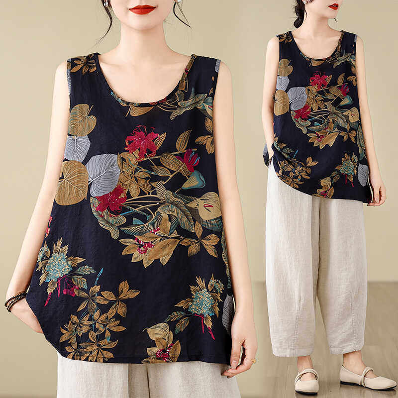 工字型无袖夏新款沙滩宽松显瘦棉麻印花背心上衣大码女装妈妈装