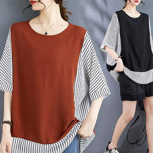 上衣中老年遮肚子胖mm大码 夏季 新款 T恤女宽松妈妈夏装 女 条纹短袖