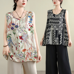 新款 大码 印花棉绸背心女夏季 新中式 圆领吊带宽松中老年妈妈 女装