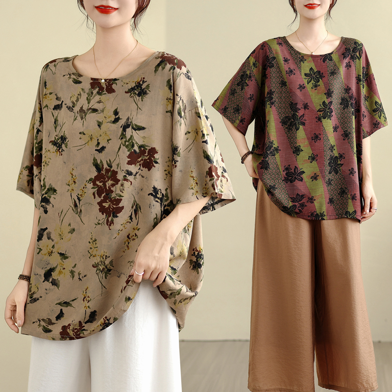 圆领印花短袖棉绸T恤气质遮肚宽松复古宽松大码女装上衣女夏季新