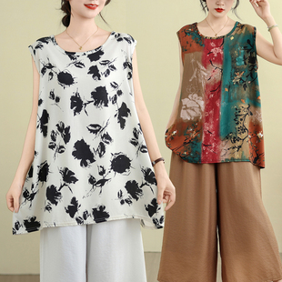 背心上衣夏季 棉绸印花无袖 新款 宽松遮肚A摆衫 胖MM大码 打底衫 女装