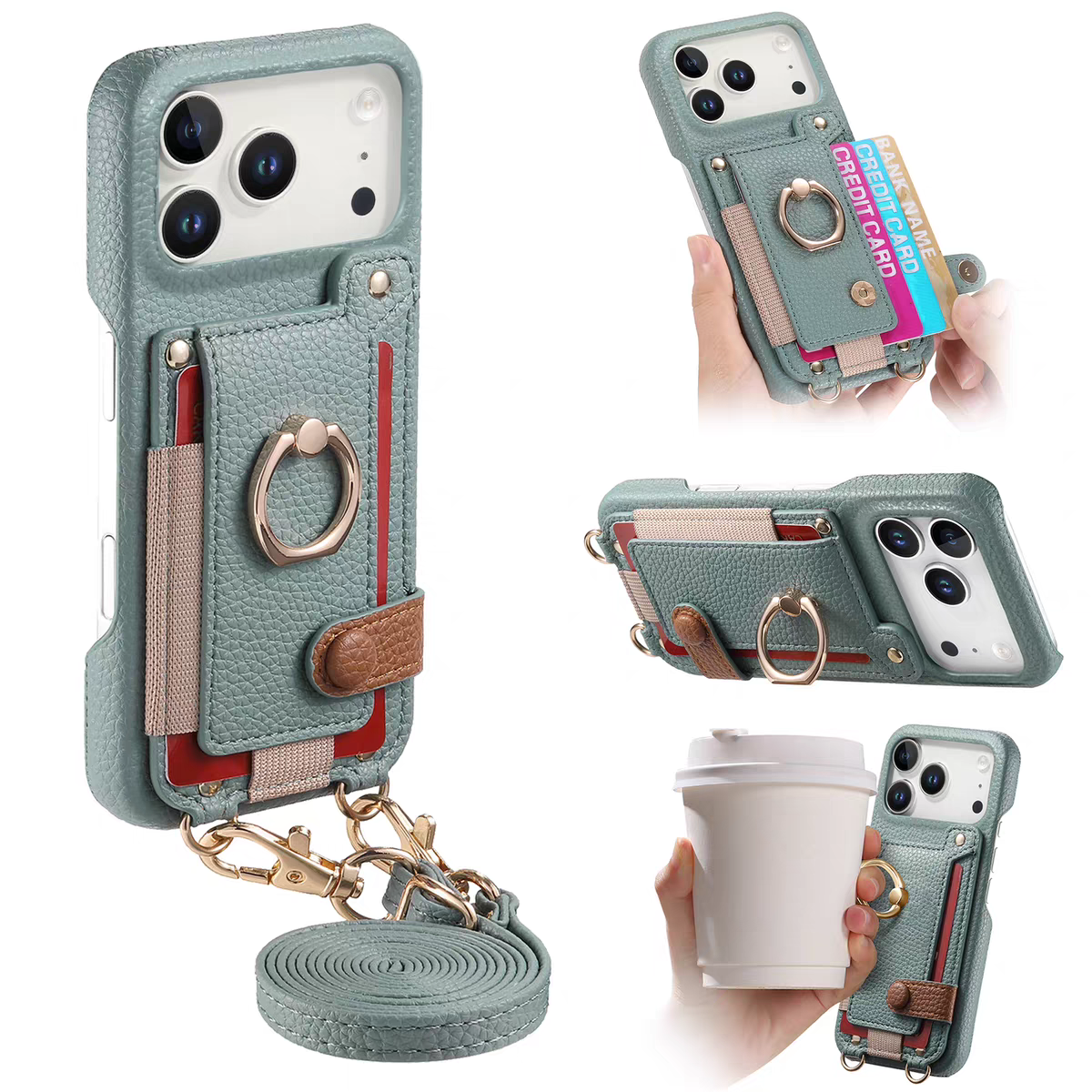 皮质卡包带挂绳适用iphone17promax手机壳新款斜挎背苹果16plus指环支架15pro可插卡14卡槽13钱包防摔保护套