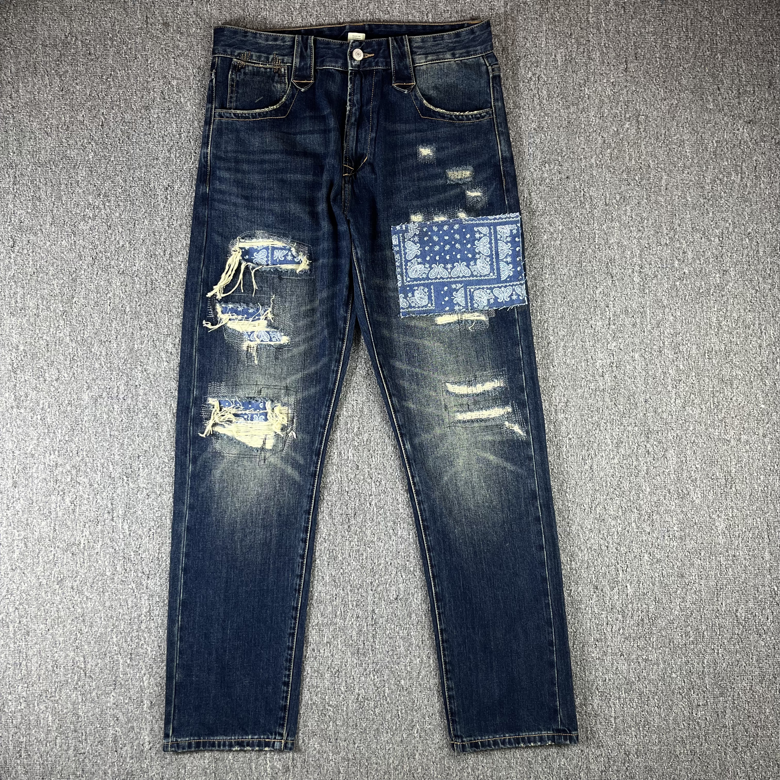 RRL赤耳印第安贴布牛仔裤 修身小直筒裤补丁磨白水洗日式复古男装