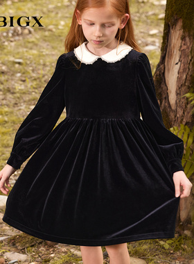 RBIGX瑞比克童装新款中大童礼服裙长袖法式优雅风丝绒女童连衣裙