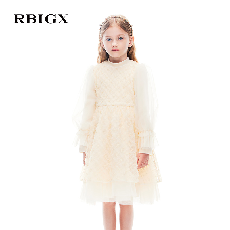 瑞比克泡泡袖网纱拼接连衣裙