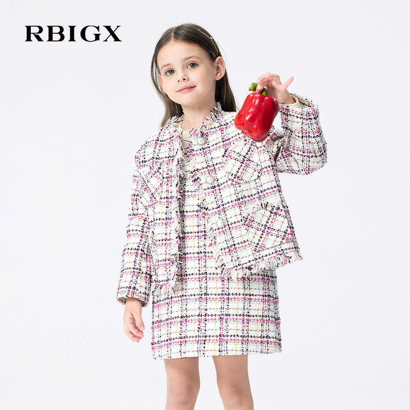 RBIGX瑞比克童装春秋新款小香风粗花呢格子流苏女童套装外套