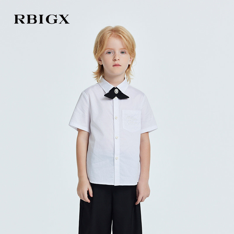RBIGX瑞比克童装夏季款学院风系带领结纯棉男童短袖衬衫