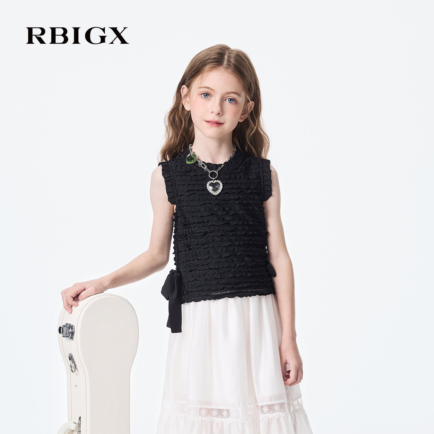 RBIGX瑞比克童装夏季新款女童花边肌理针织背心蝴蝶结优雅风背心