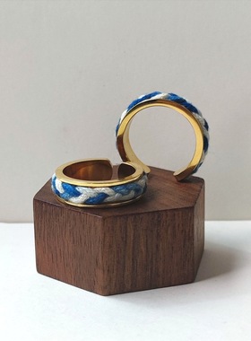 原路植物蓝染草木染设计手工编织镀金戒指钛钢金指环开口