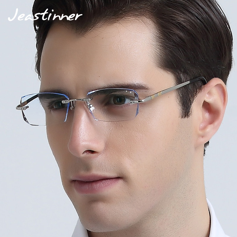 无框钻石切边眼镜 男士纯钛眼镜架渐变色镶钻高档商务款配成品框