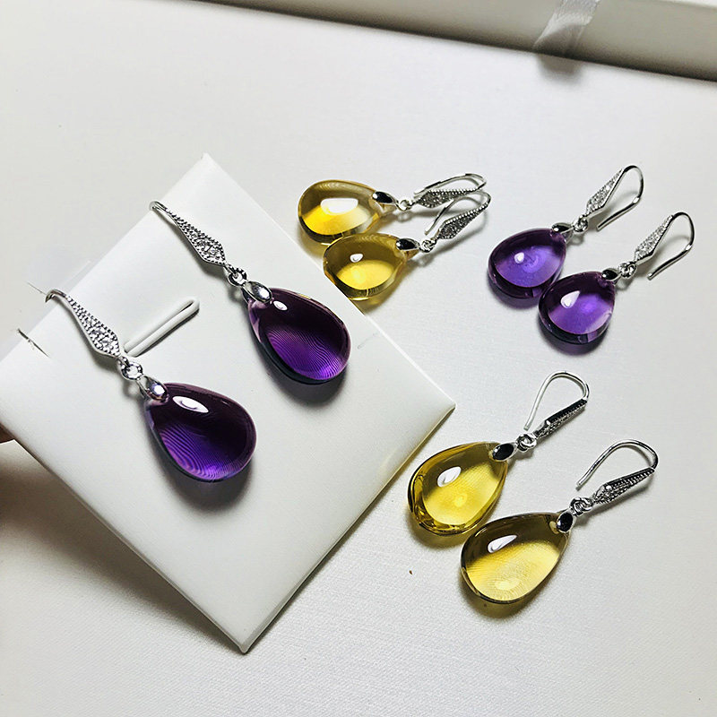 配证书 天然紫水晶耳环黄水晶耳坠925银钩女款珠宝首饰生日礼物