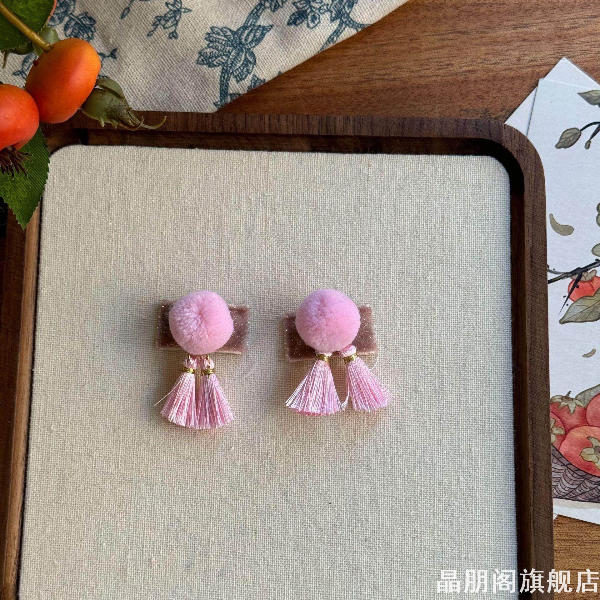 儿童流苏发夹新年小号迷你球球汉服头饰宝宝红色民族风发饰过年