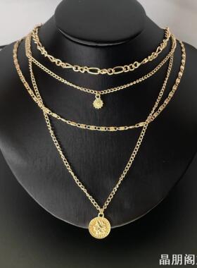 女轻奢小众设计人像钱币吊坠项链埃及风个性夸张金色链条高级