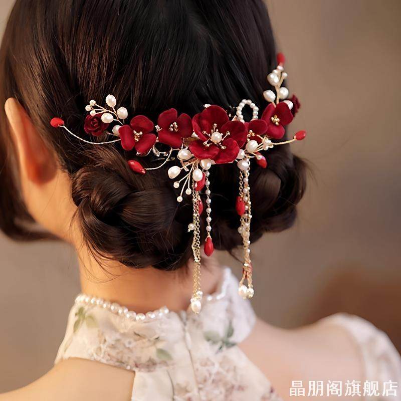 喜婆婆头花结婚敬酒服弹簧夹汉服中式发夹头饰旗袍后脑勺侧边夹子