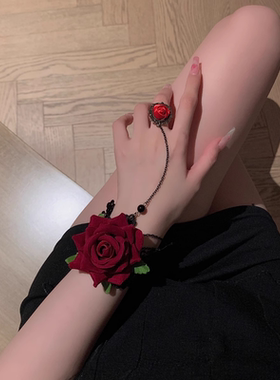 蕾丝手腕红色玫瑰戒指手链一体朋克风哥特配饰lolita手饰手链