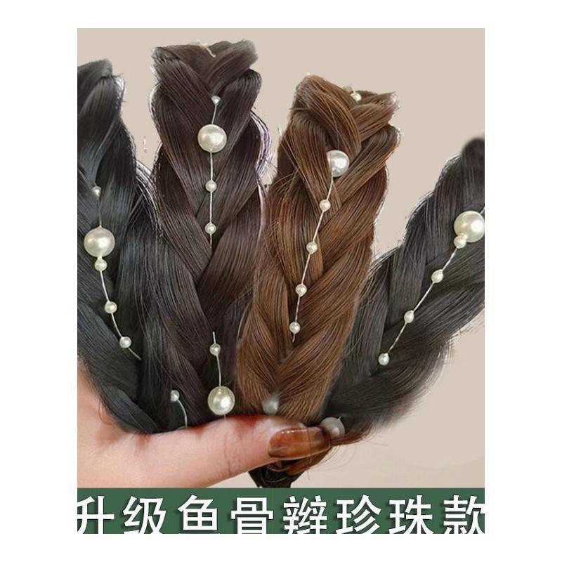 高头颅发箍珍珠麻花辫子假发女网红2023年新款鱼骨辫头箍发卡图片