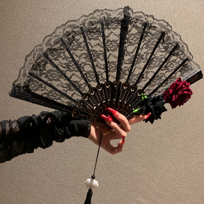汉服道具古风折扇蕾丝玫瑰花扇子漫展cos配饰新中式旗袍lolita
