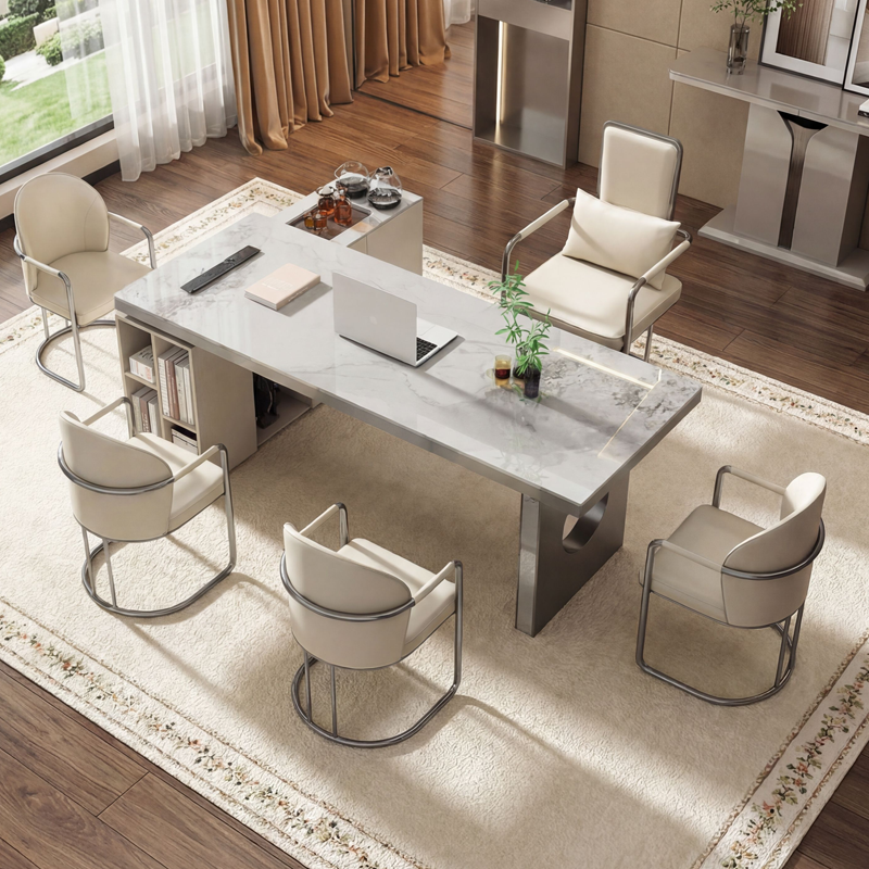 现代简约岩板岛台茶桌椅组合轻奢办公桌餐桌书桌一体两用家用茶台