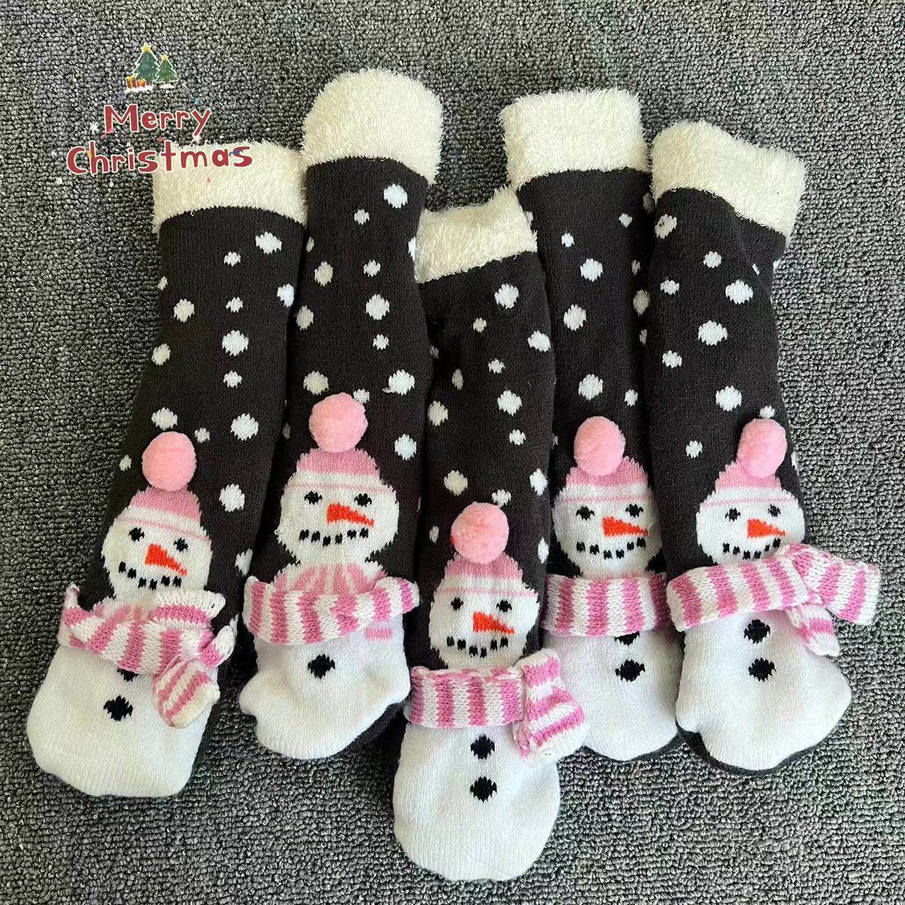 冬天加绒圣诞节礼物 小雪人 儿童成人 双层羊羔绒居家地板袜防滑