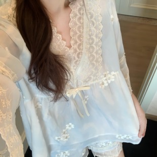 短裤 2夏季 家居服长袖 套装 女装 200斤大码 胖mm夏天性感蕾丝睡衣女款