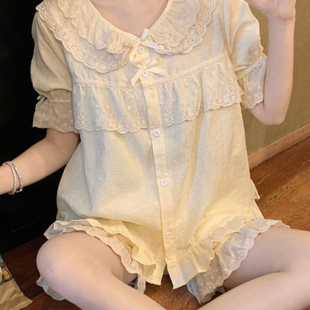 韩版 短袖 短裤 学生 甜美蕾丝荷叶边家居服套装 女装 大码 胖mm睡衣夏季