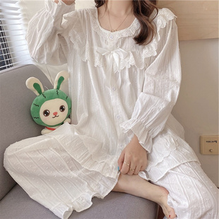 200斤春夏大码女装胖妹妹mm宽松甜美蕾丝长袖睡衣两件套装家居服