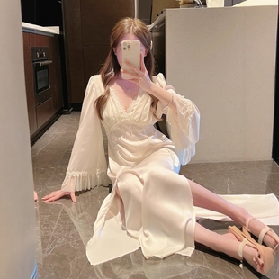大码 蕾丝边V领冰丝睡衣纯欲性感收腰显瘦家居服 女装 胖mm睡裙长袖
